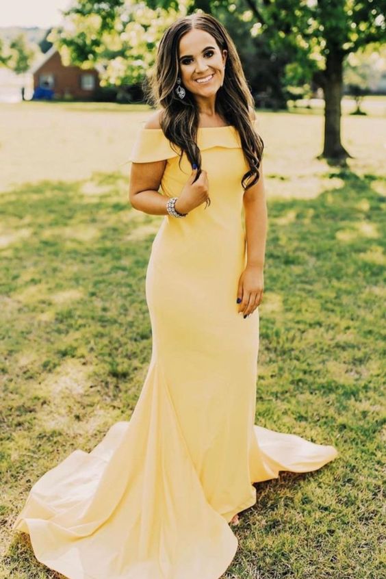 off the shoulder yellow mermaid long formal dress prom dress   cg17812