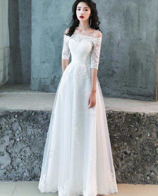 Charming Simple Tulle White Short Sleeves Wedding Dress With Lace, A-Line Party Dress prom dress A line evening dress   cg17842