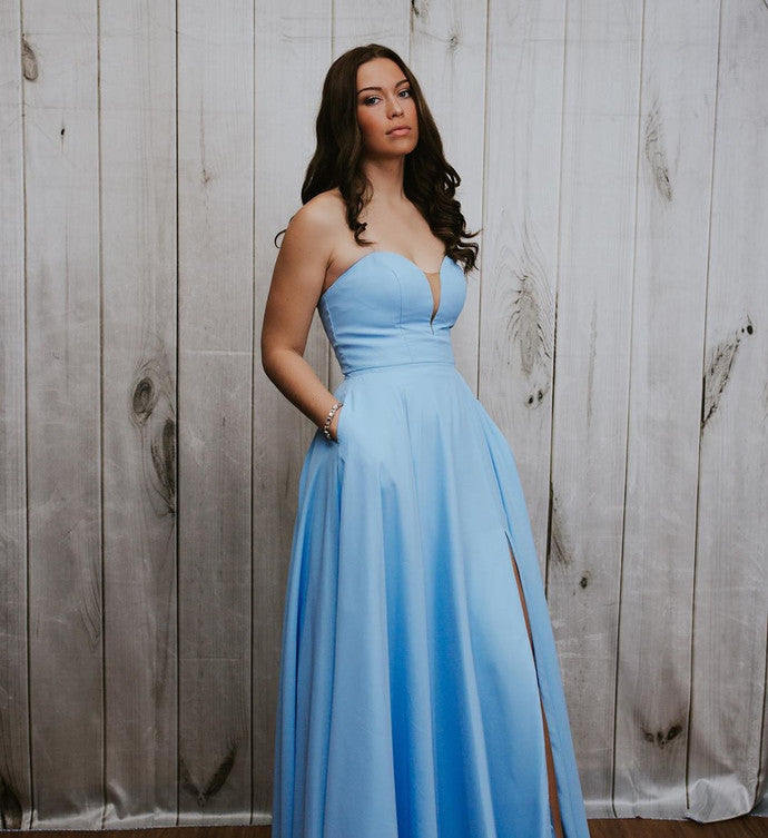 Sweetheart Blue Long Prom Dress with Pockets   cg17854