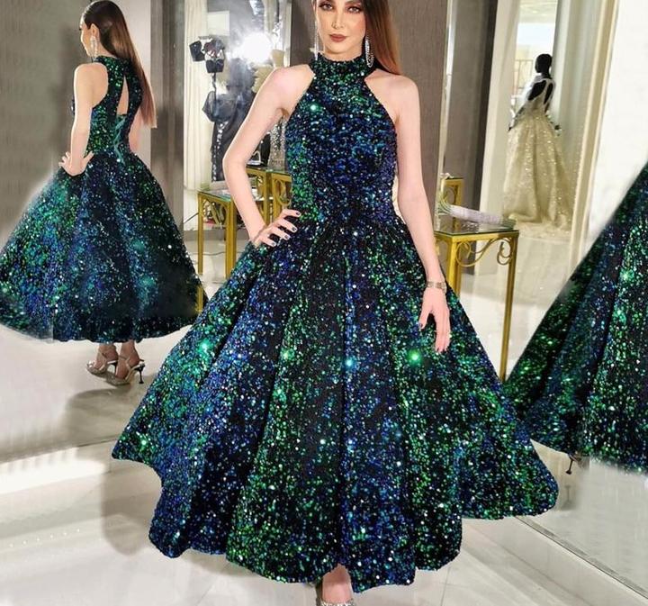 Green O-Neck Sexy Luxury Ankle-Length Evening Gowns Prom Dress    cg17865