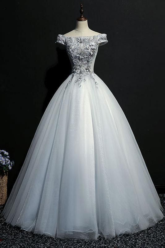 GRAY TULLE LACE OFF SHOULDER LONG PROM DRESS, GRAY EVENING DRESS cg1788