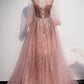 PINK TULLE SEQUINS LONG PROM DRESS PINK EVENING DRESS   cg17900