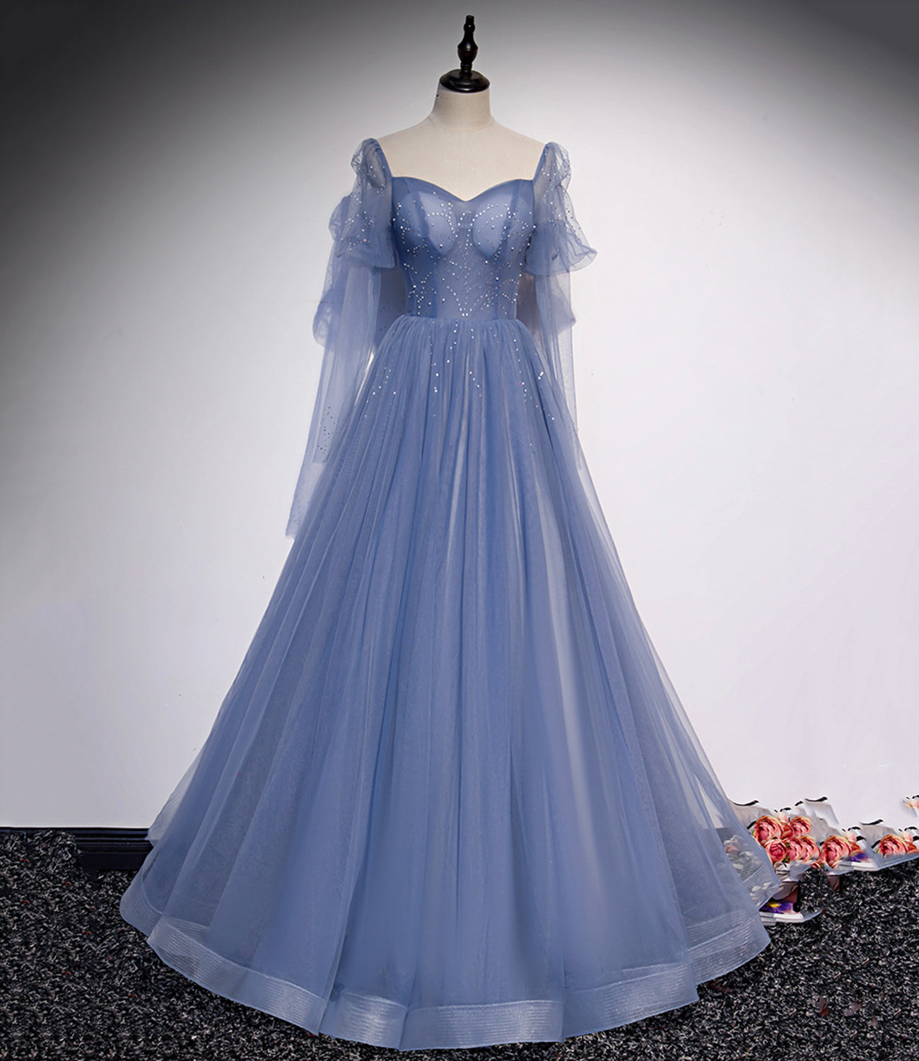 BLUE TULLE LONG PROM DRESS A LINE EVENING DRESS    cg17902