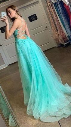 Spaghetti Straps High Slit Evening Dress Appliqued Sweep Train Long Prom Dress     cg17909