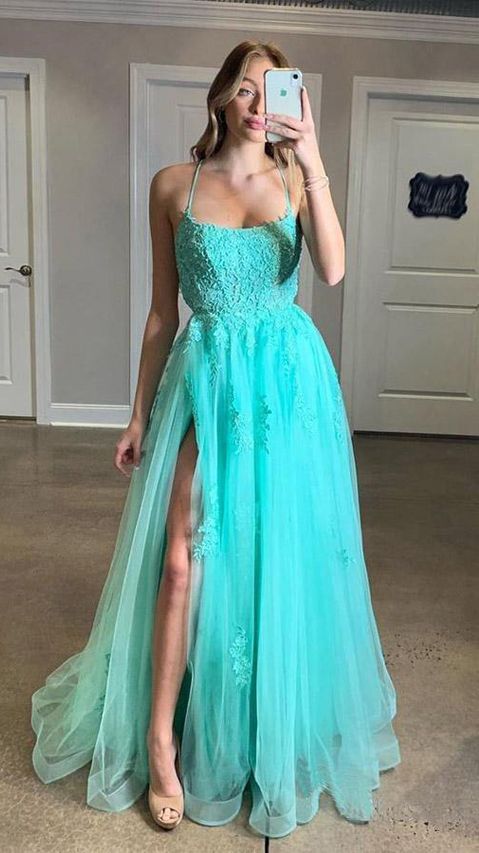 Spaghetti Straps High Slit Evening Dress Appliqued Sweep Train Long Prom Dress     cg17909