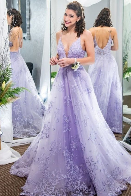 princess A-line lavender long formal dress with lace appliques Long Prom Dress    cg17919