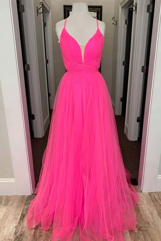 A-line hot pink tulle long formal dress prom dress with lace up back    cg17930