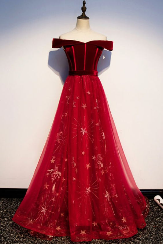 Off the Shoulder Red Long Prom Dress    cg17937