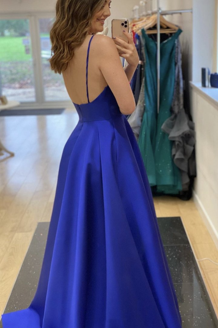 Blue satin long prom dress A line evening dress    cg17942