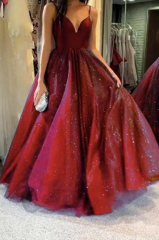 Burgundy v neck tulle long prom dress A line evening dress    cg17961