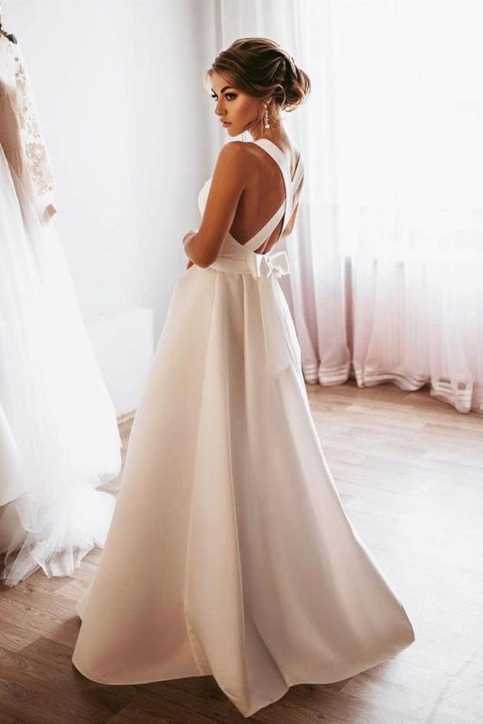 Elegant White Satin Long Prom Dress, Long White Formal Graduation Evening Dress   cg17988