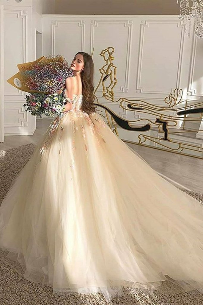 Gorgeous Off Shoulder Champagne Lace Floral Prom Dress    cg17990