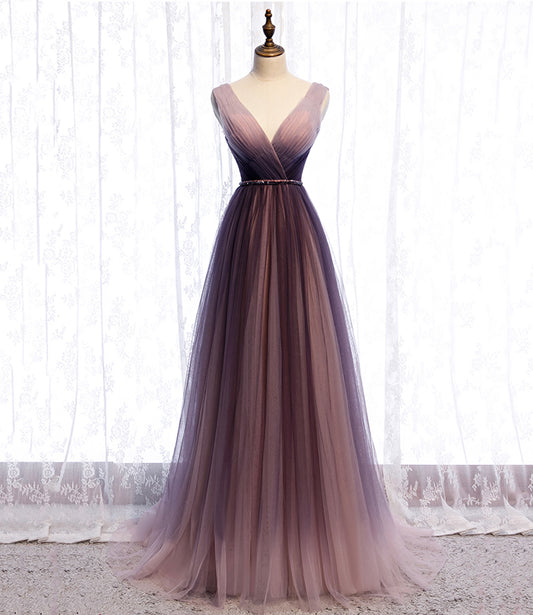 CUTE V NECK TULLE LONG PROM DRESS A LINE EVENING DRESS    cg18036