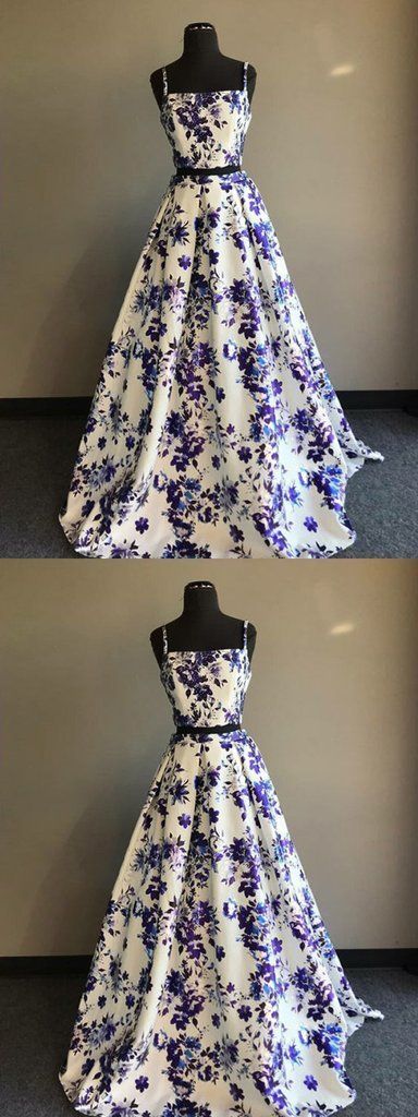 Two Piece Spaghetti Straps Floor-Length White Printed Prom Dress cg1805