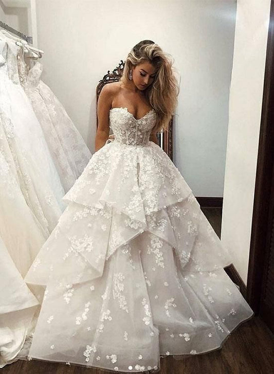 White sweetheart neck applique long prom dress, evening dress cg1808