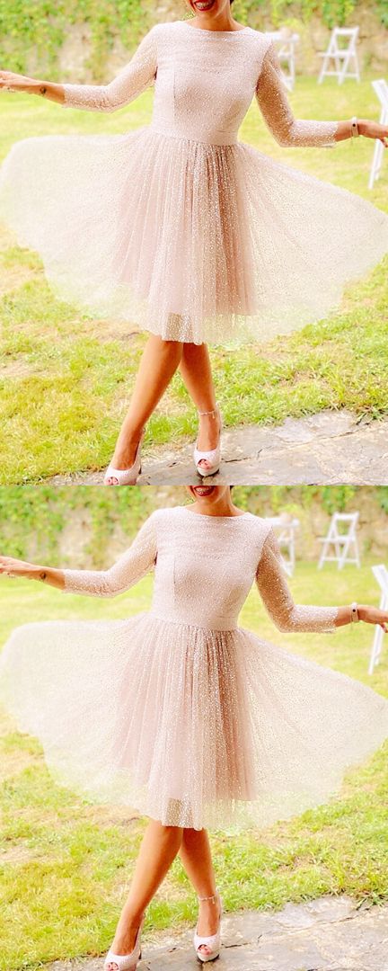 Ivory homecoming dresses glitter tulle cocktail party dress with sleeves   cg18108