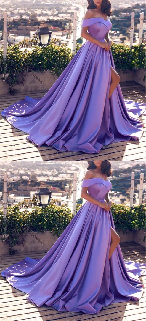 Simple lavender satin prom dresses off the shoulder evening gown with side split   cg18111