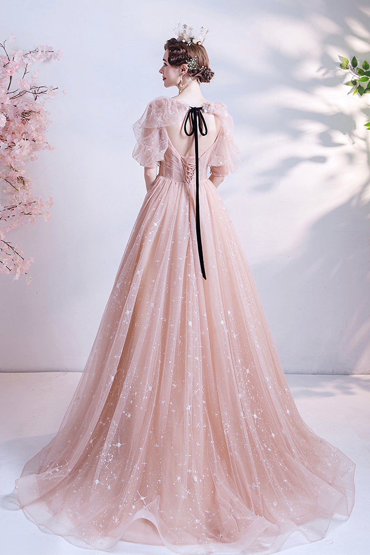 PINK TULLE LONG A LINE PROM DRESS EVENING DRESS   cg18113