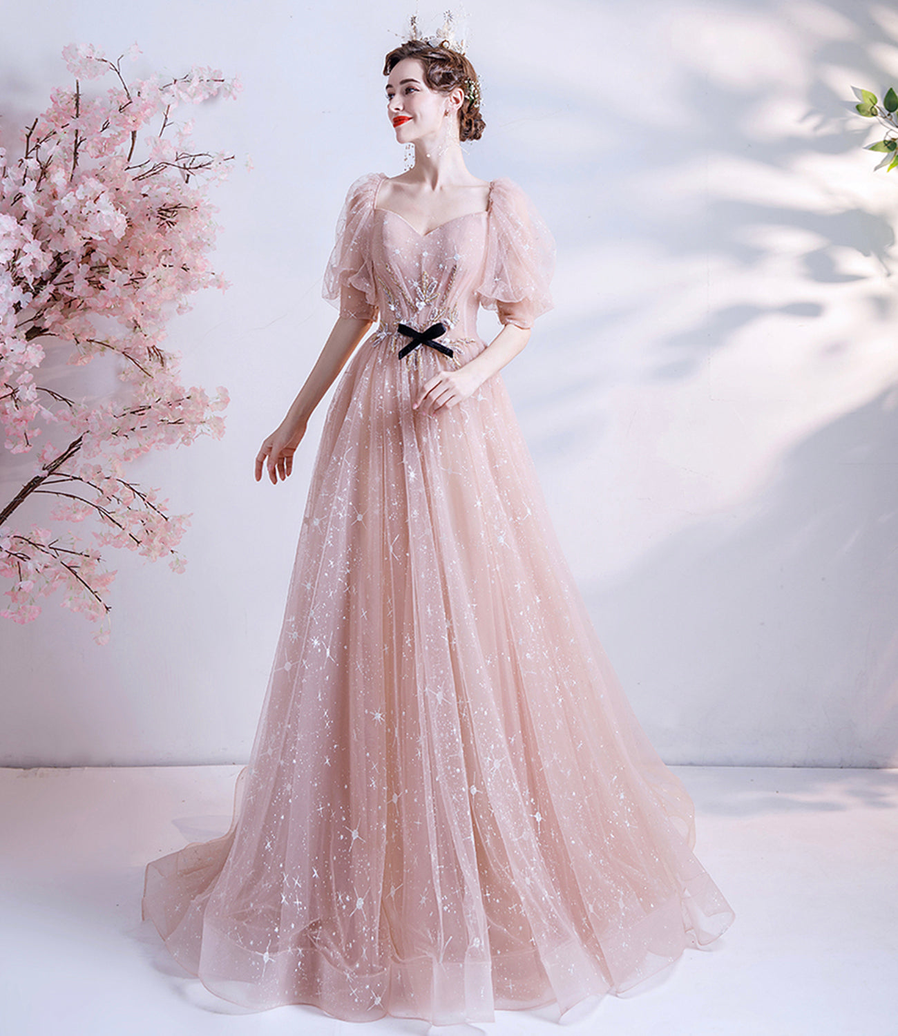 PINK TULLE LONG A LINE PROM DRESS EVENING DRESS   cg18113