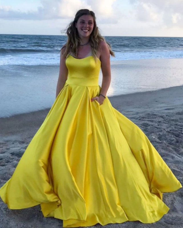 Simple yellow satin long prom dress yellow evening dress   cg18155