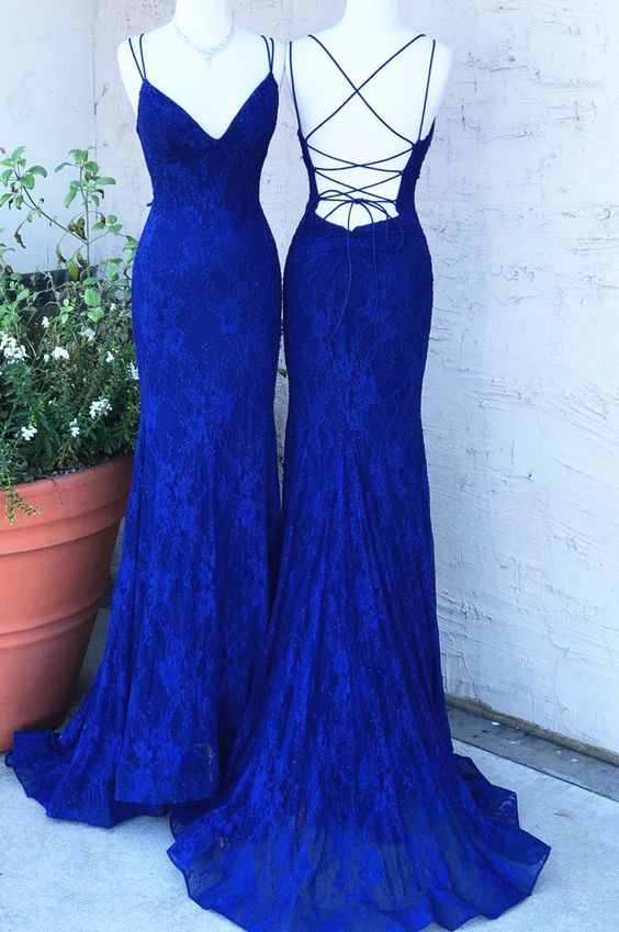 elegant mermaid royal blue lace long prom dress with lace up back, 2021 long prom dress   cg18182