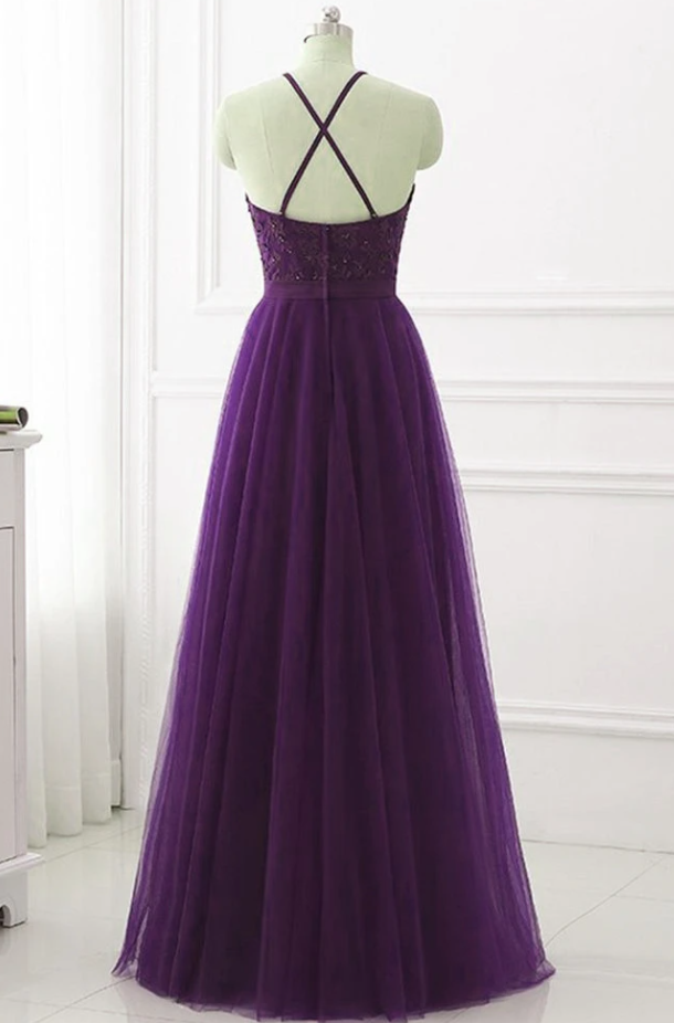 Purple Halter Tulle With Lace Applique Long Prom Dress, A-Line Floor Length Party Dress   cg18202