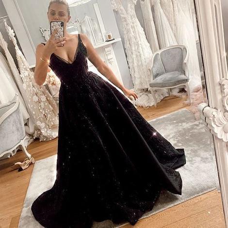 A-line V Neck Black Long Prom Dress   cg18208