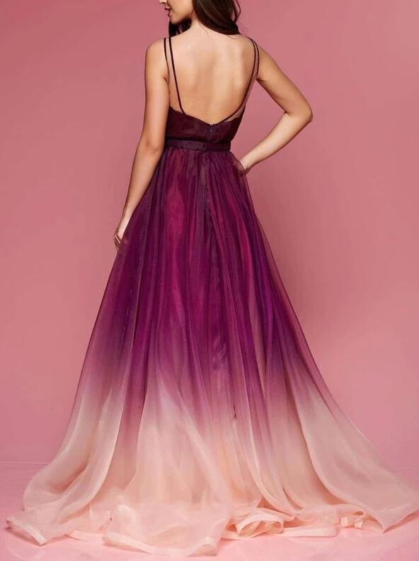 Ombre Prom Dress, V neck Backless Organza Colored Prom Dresses   cg18218