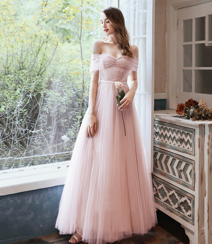 PINK TULLE LONG PROM DRESS A LINE EVENING DRESS   cg18258