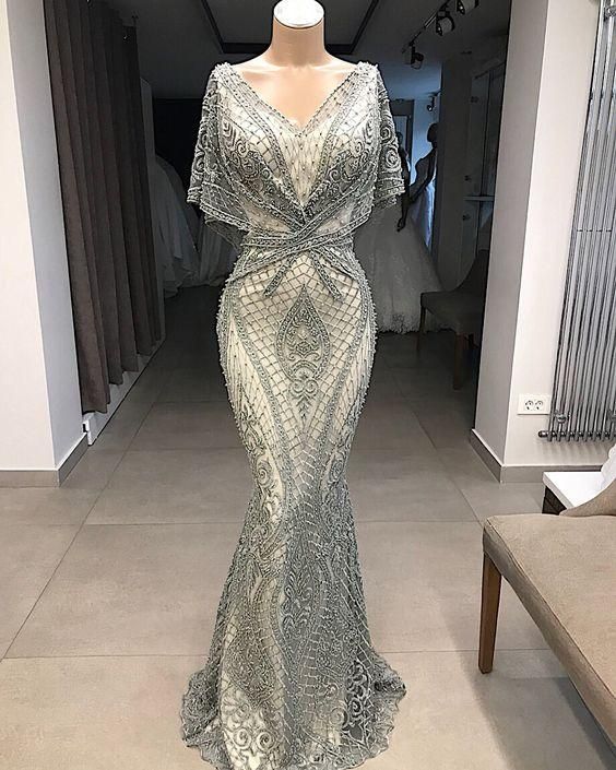 modest evening dresses long gray lace appliqué beaded elegant mermaid Prom Dresses   cg18276