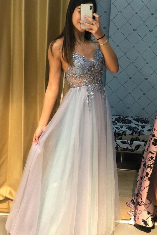 2021 A-line blue tulle long prom dress with beaded bodice   cg18287