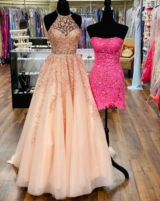 2021 pink long prom dress with halter neckline   cg18294