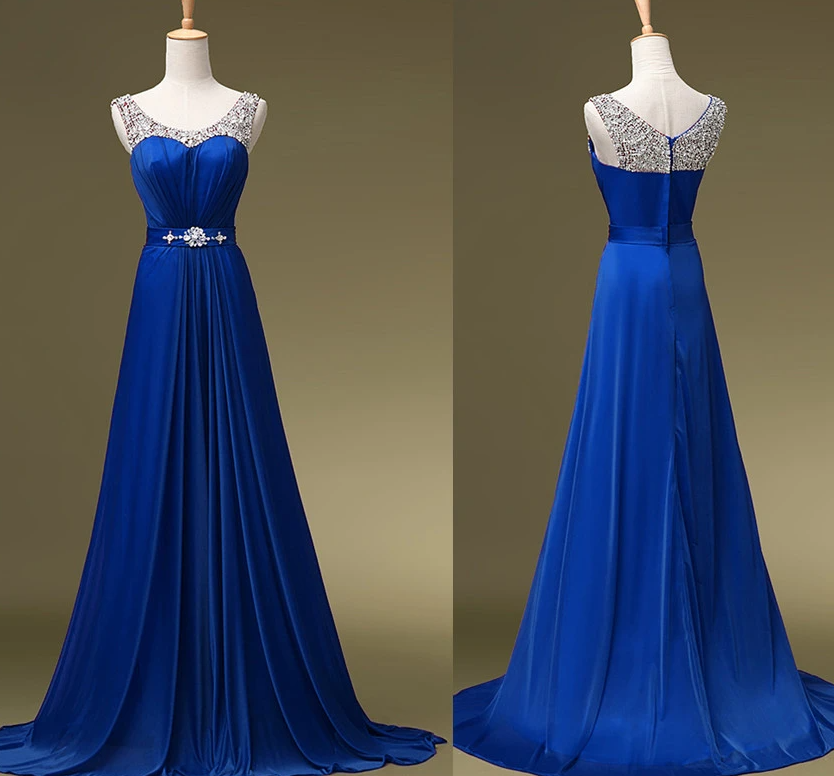 Charming Blue Sequins Round Neckline Bridesmaid Dress, A-Line Long Prom Dress   cg18302