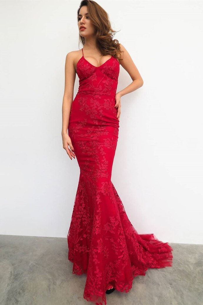 Red Mermaid Lace-Up Back Long Prom Dress with Lace Appliques   cg18315