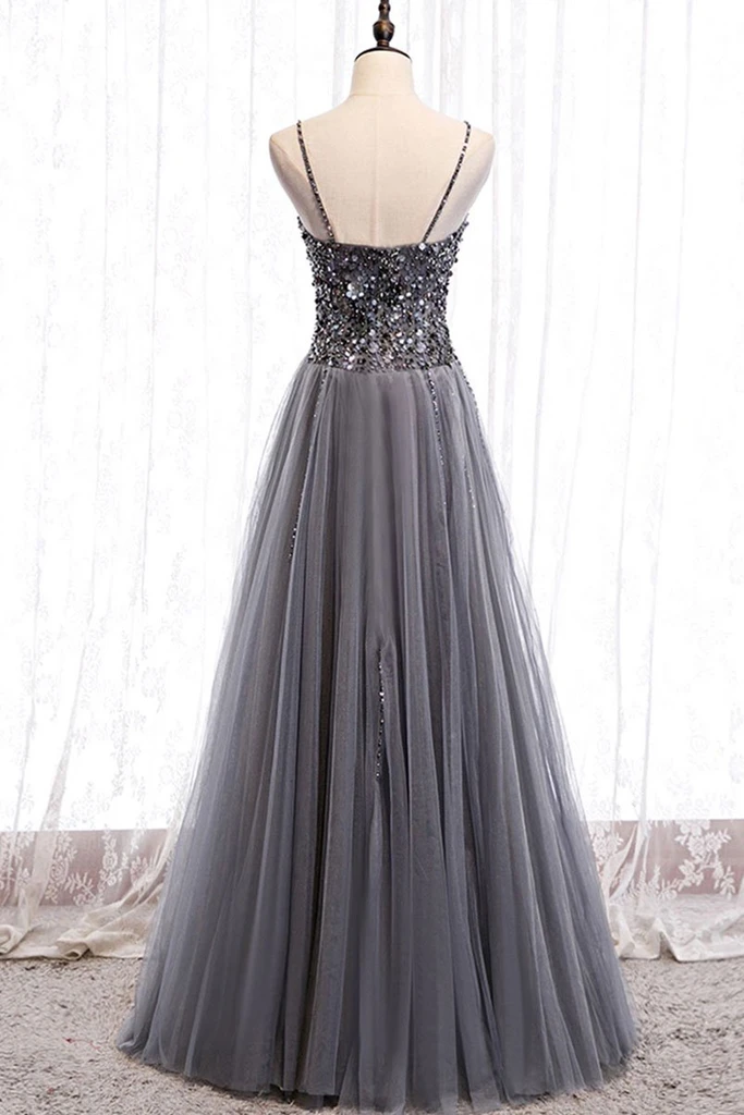 Sweetheart Neck Grey Sequins Tulle Long Prom Dress, Grey Sequins Formal Evening Dress   cg18317