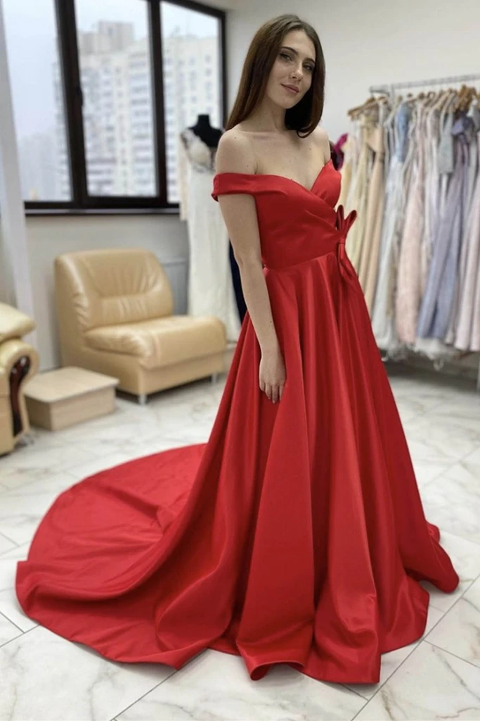 Off Shoulder Red Satin Long Prom Dress, Off the Shoulder Red Formal Graduation Evening Dress   cg18318