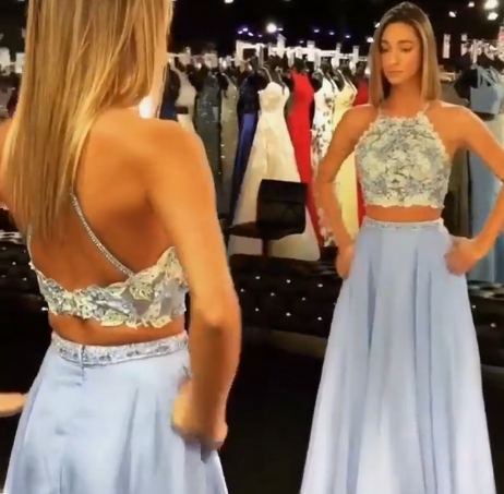 Two Piece Sky Blue Long Prom Dress   cg18329