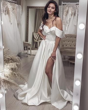 SEXY WEDDING DRESS SATIN SPLIT OFF SHOULDER PROM DRESS    cg18332