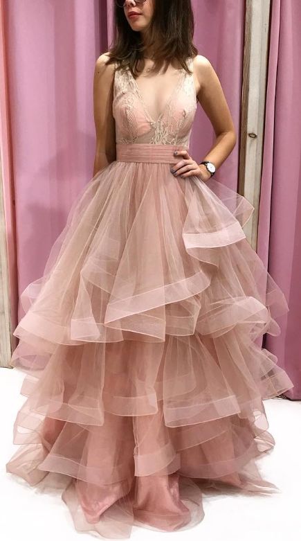 Princess V Neck Pink Long Prom Dress Ball Gown   cg18350