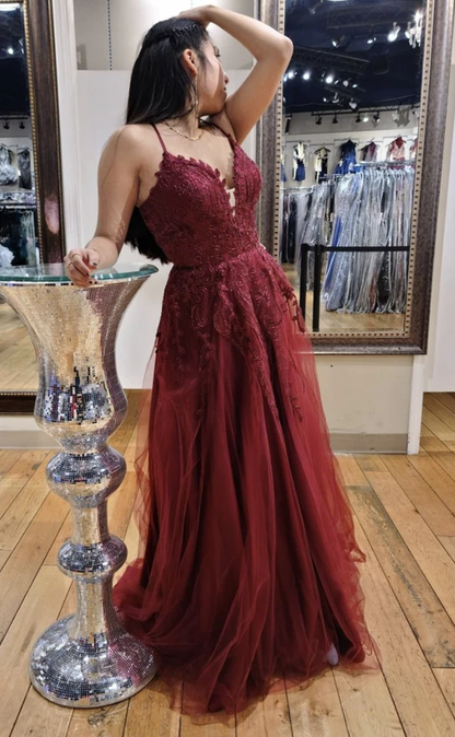Burgundy lace long prom dress A line evening dress   cg18368