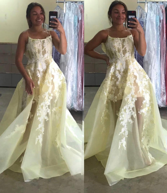 YELLOW LACE LONG PROM DRESS A LINE EVENING DRESS   cg18369