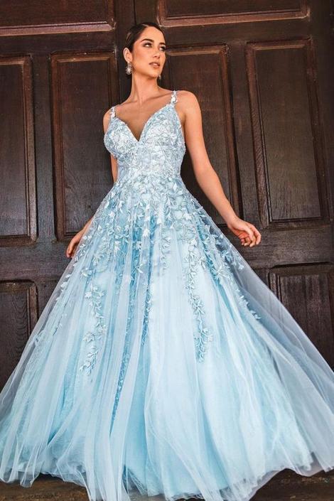 A-line light blue long prom dress with lace appliques   cg18371