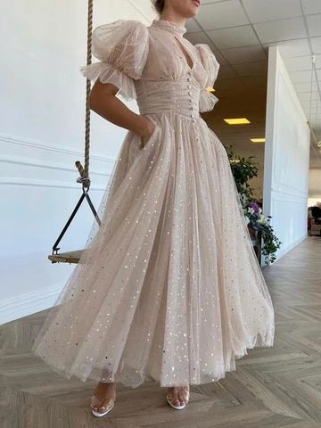 Prom Dresses Sparkly Half Puff Sleeves Wedding Party Dresses   cg18385