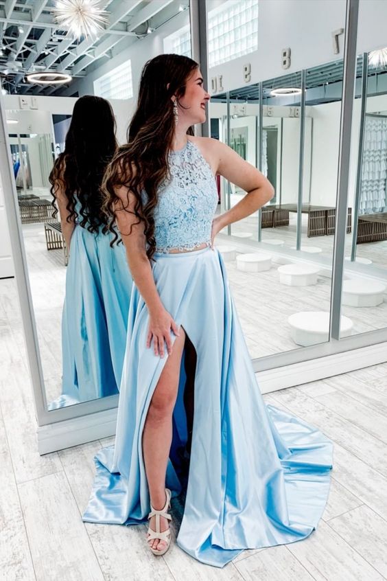 Two Piece Lace Appliques top Sky Blue Prom Dress   cg18412