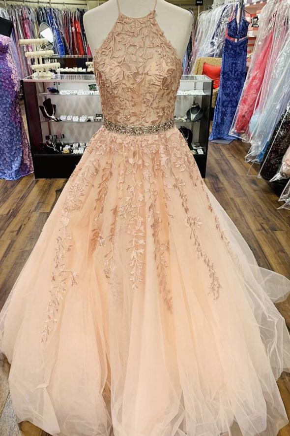 Elegant tulle lace long prom dress A line evening dress   cg18414