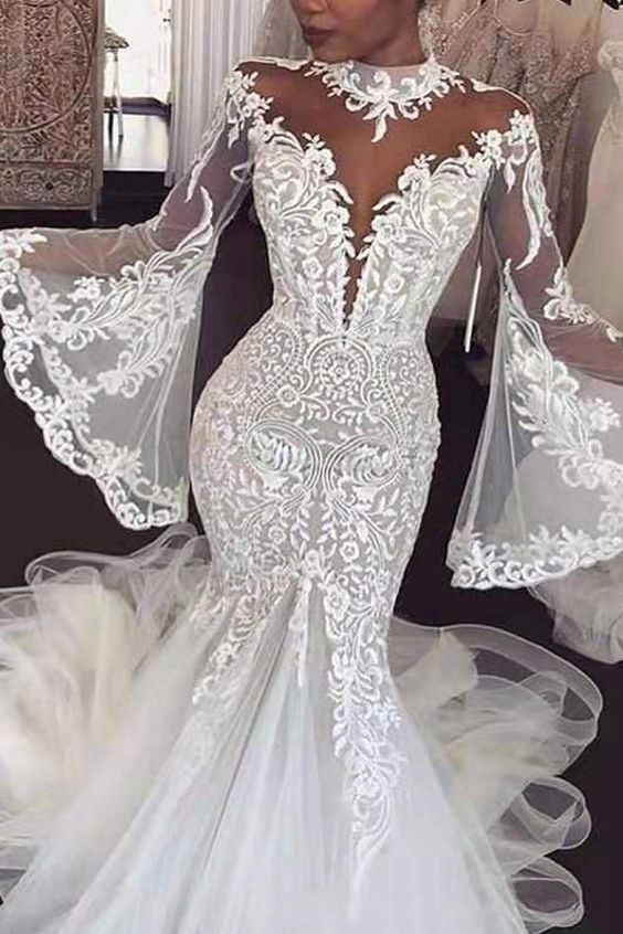 Dazzling High Collar Neckline Mermaid Wedding Dress With Lace Appliques & Bell Sleeves  Prom Party Dress  cg18443