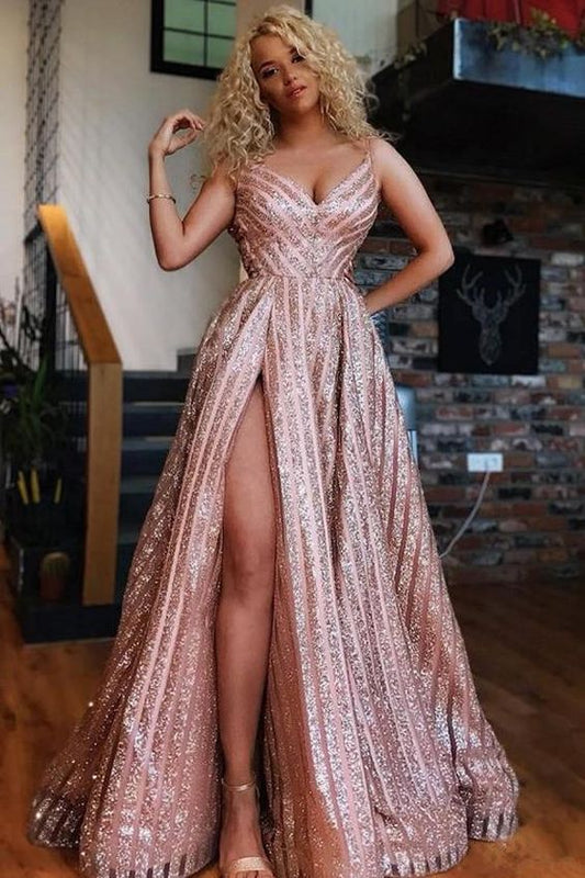 Shiny Spaghetti Straps Rose Gold Sequin V Neck Long Prom Dresses Formal Evening Fancy Dress   cg18444