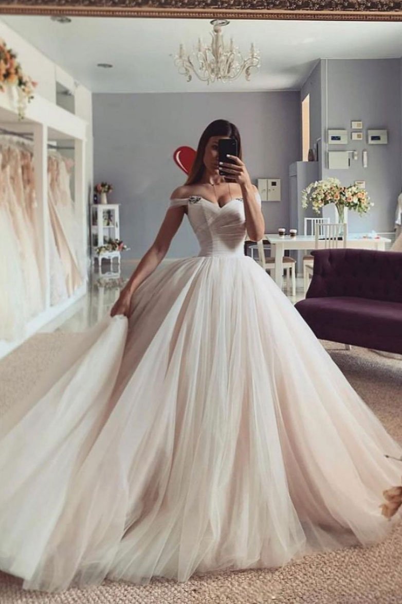 Champagne sweetheart neck off shoulder long prom gown, tulle formal dress   cg18456
