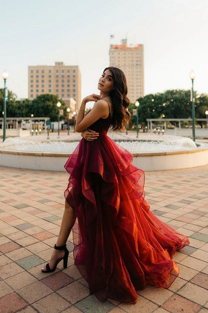 BURGUNDY SWEETHEART NECK HIGH LOW TULLE LONG PROM DRESS   cg18458