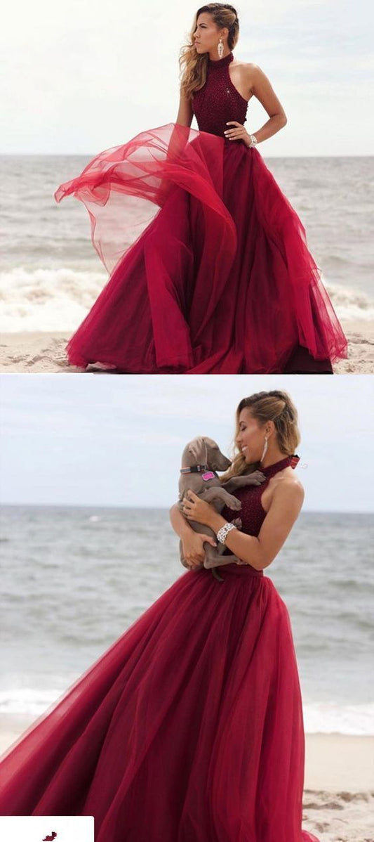 Princess burgundy long prom dress,halter burgundy long graduation dress formal evening dress   cg18462